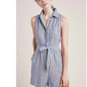 Anthropologie Blue White striped Linen Blend Belted Romper - Size 14